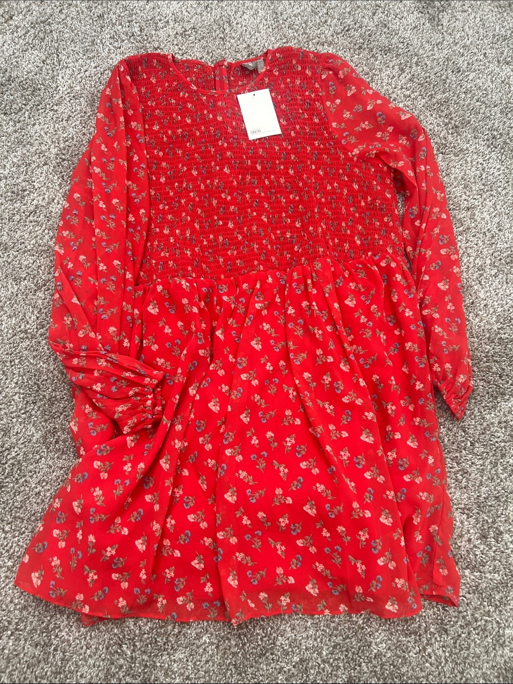 Women red Floral Smocked Long-Sleeve Dress